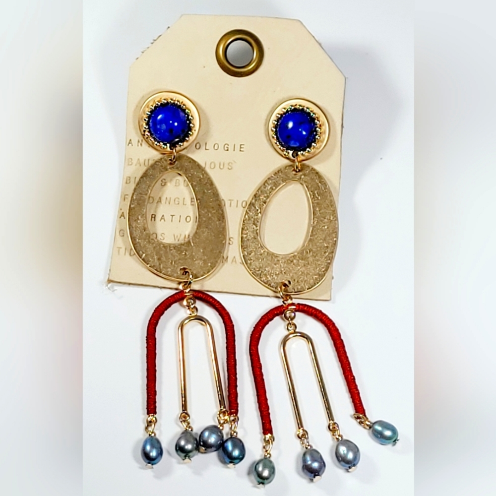 🌈 MWT-Anthropologie-Semi precious-Large Bronze-Blue Pearl Dangle Earrings